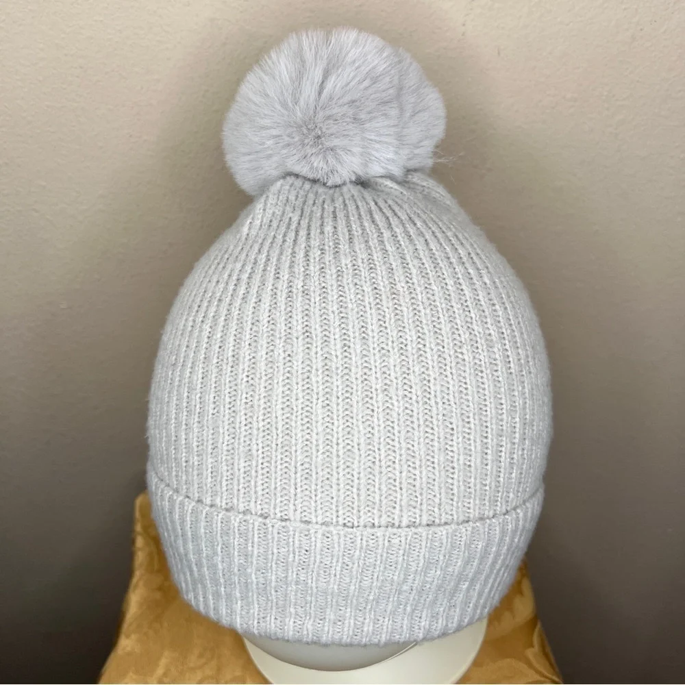 Lauren Conrad Pom Pom Beanie Winter Hat Soft Knit Grey Pastel Cozy